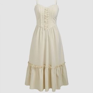 Cider: Ivory Ruffle Midi Dress with Sweetheart Neckline